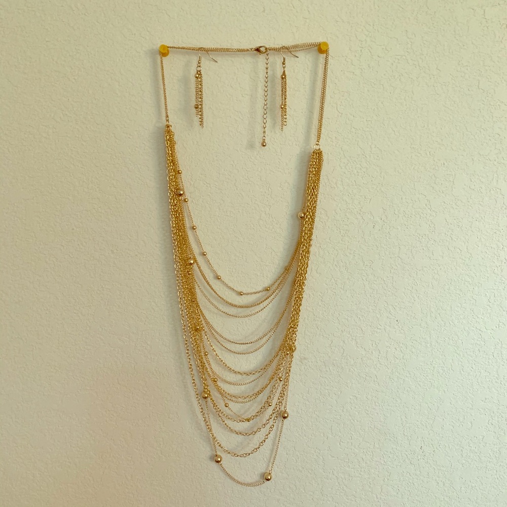Gold Multiple Chain Necklace w/ Matching Earrings